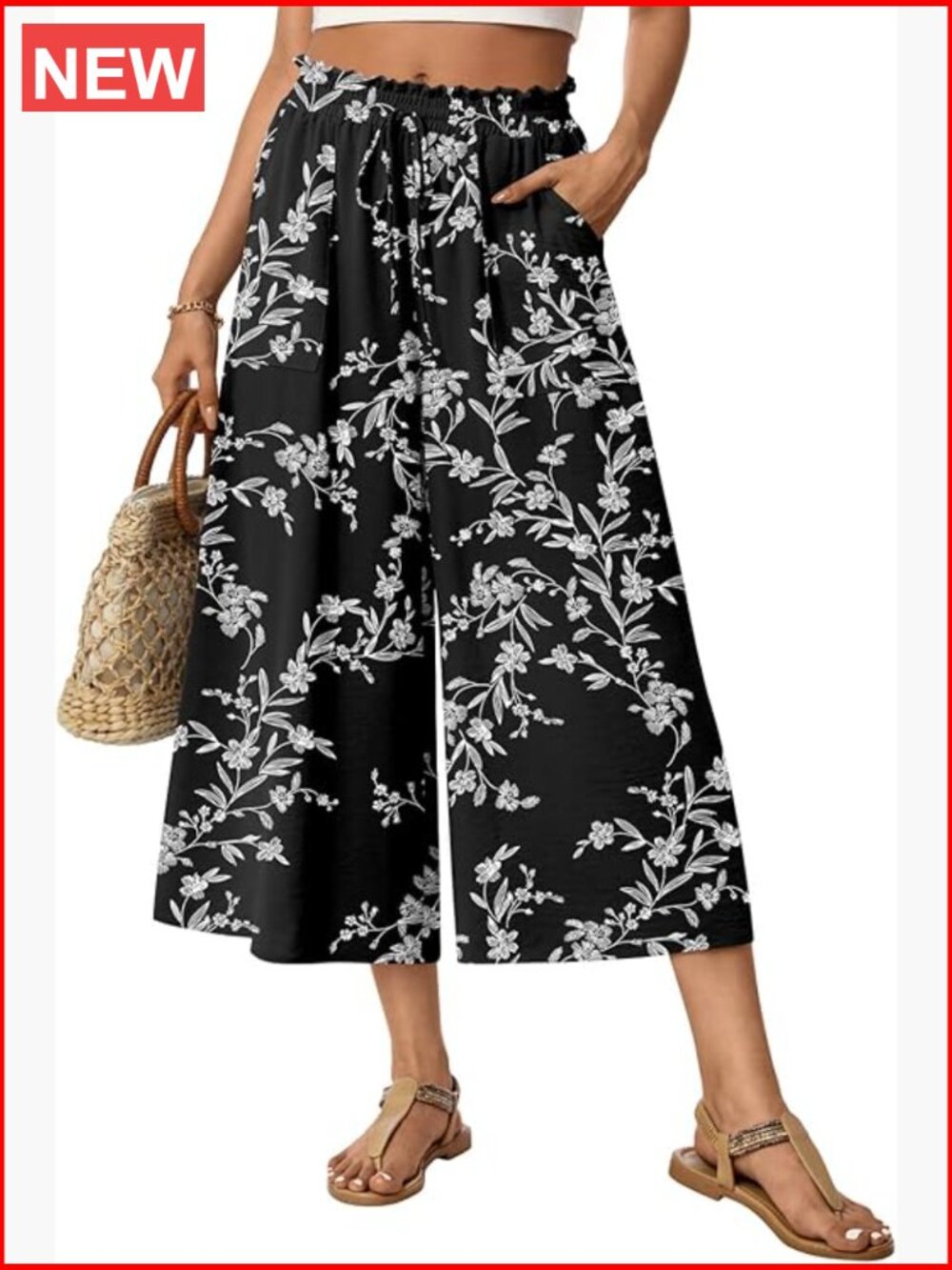 Wide Leg Gaucho Capri Pants Elastic Waist with Pockets Lightweight Polyester
